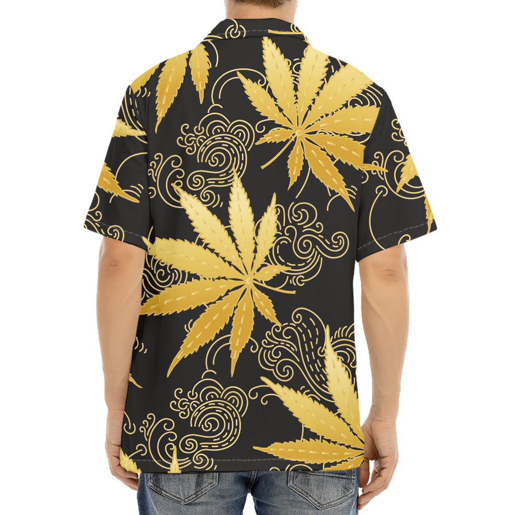 Gold Cannabis Leaf Pattern Print Aloha Shirt