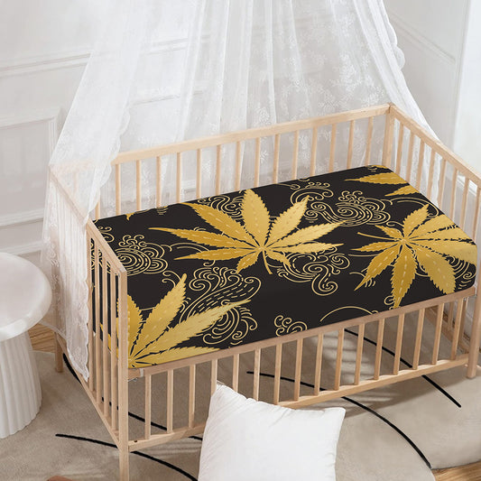 Gold Cannabis Leaf Pattern Print Baby Crib Sheet