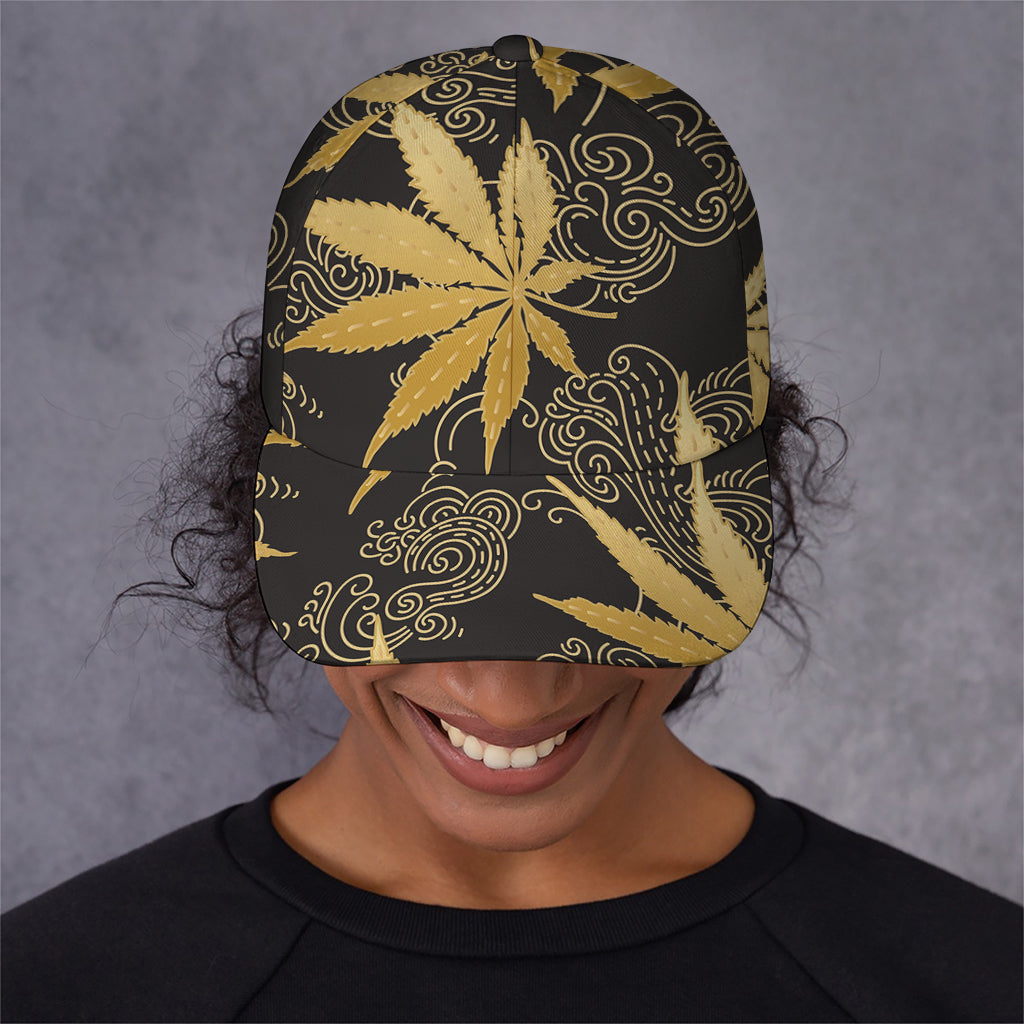 Gold Cannabis Leaf Pattern Print Baseball Cap