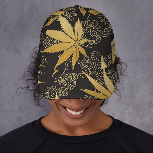 Gold Cannabis Leaf Pattern Print Baseball Cap