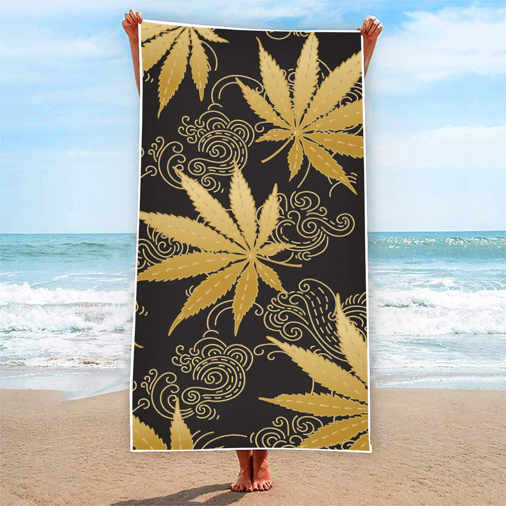 Gold Cannabis Leaf Pattern Print Beach Towel