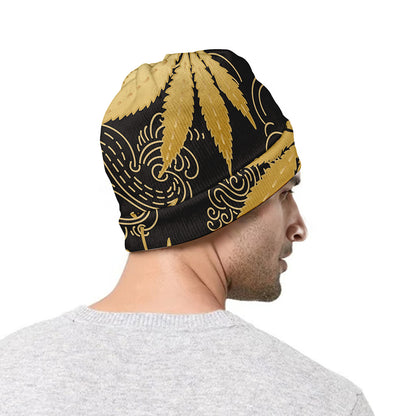 Gold Cannabis Leaf Pattern Print Beanie