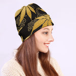 Gold Cannabis Leaf Pattern Print Beanie