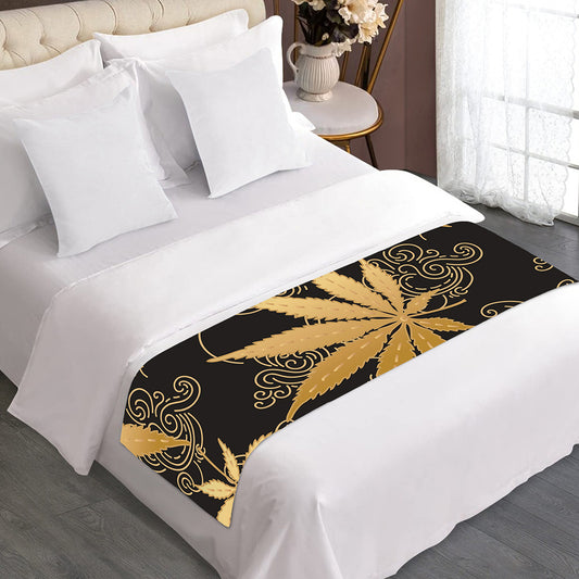 Gold Cannabis Leaf Pattern Print Bed Runner