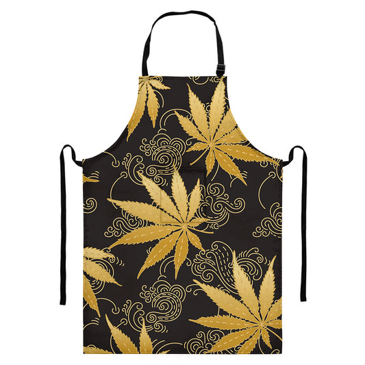 Gold Cannabis Leaf Pattern Print Bib Apron With Pocket