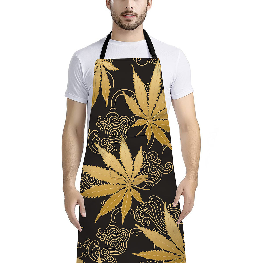 Gold Cannabis Leaf Pattern Print Bib Apron With Pocket