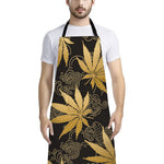 Gold Cannabis Leaf Pattern Print Bib Apron With Pocket