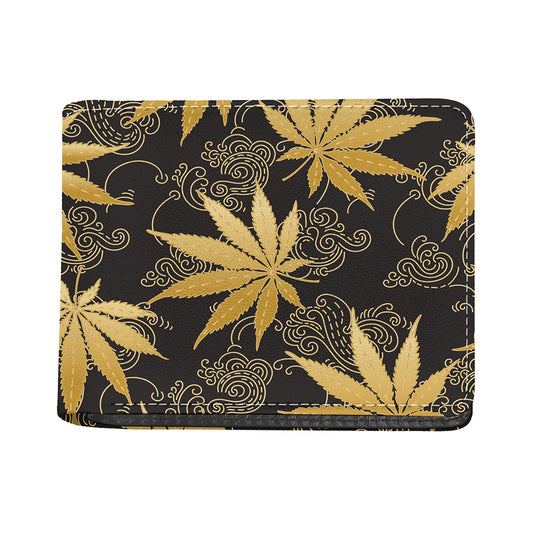 Gold Cannabis Leaf Pattern Print Bifold Wallet