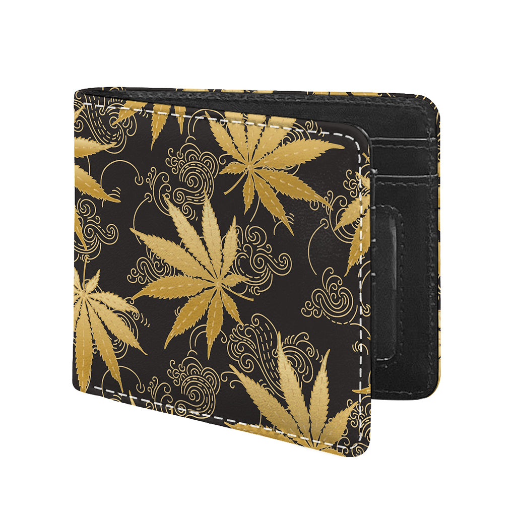 Gold Cannabis Leaf Pattern Print Bifold Wallet