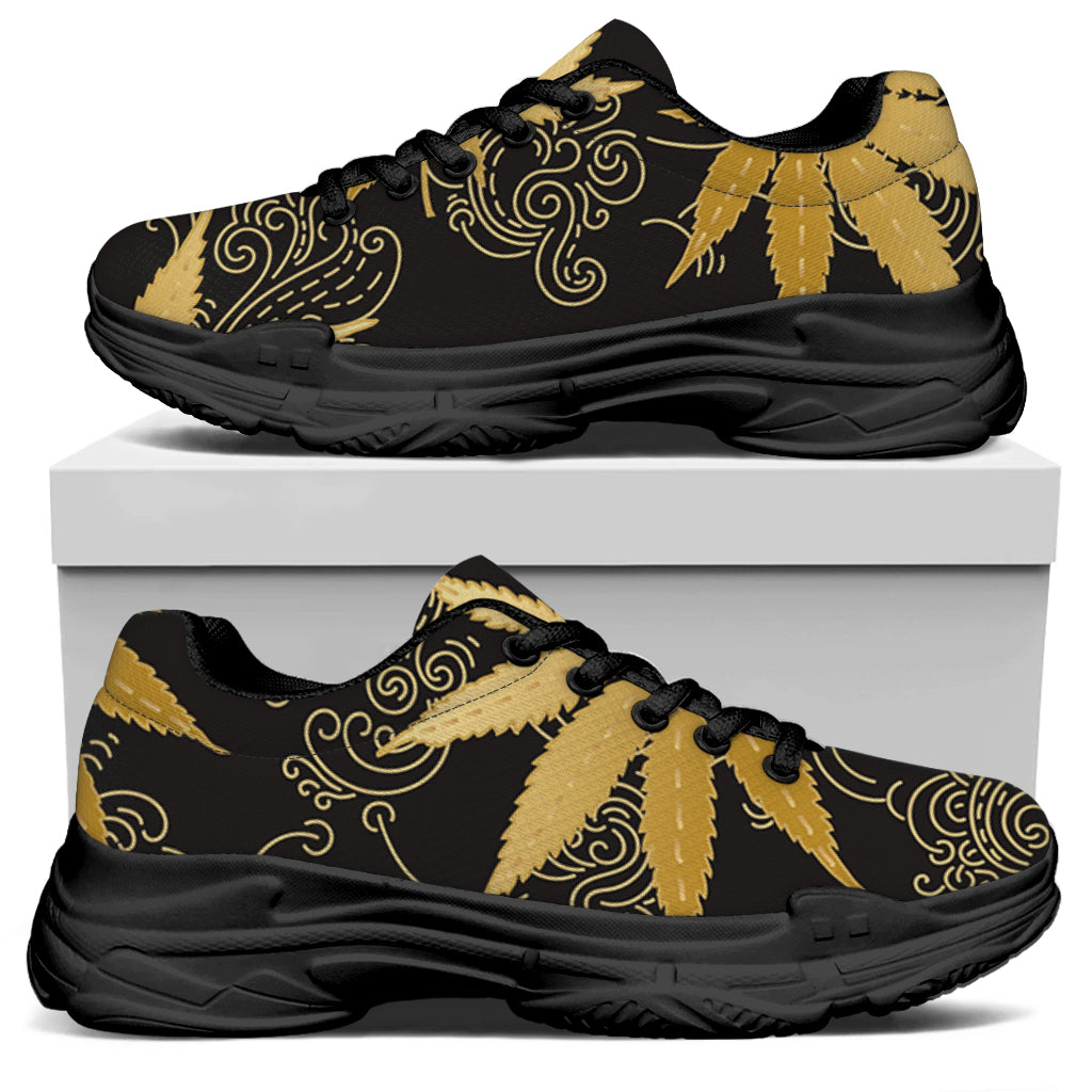 Gold Cannabis Leaf Pattern Print Black Chunky Shoes