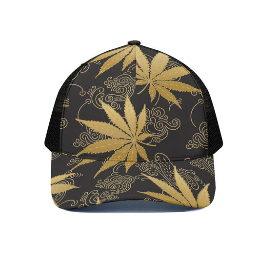 Gold Cannabis Leaf Pattern Print Black Mesh Trucker Cap