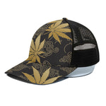 Gold Cannabis Leaf Pattern Print Black Mesh Trucker Cap