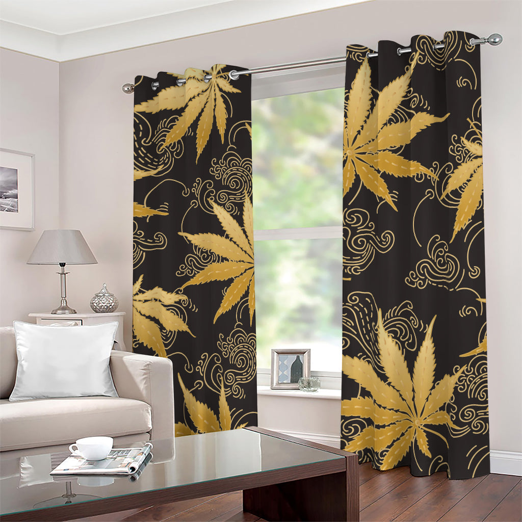 Gold Cannabis Leaf Pattern Print Blackout Grommet Curtains