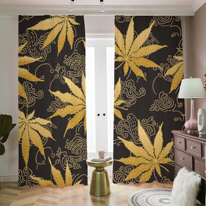 Gold Cannabis Leaf Pattern Print Blackout Pencil Pleat Curtains