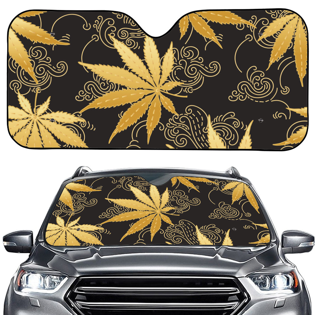 Gold Cannabis Leaf Pattern Print Car Windshield Sun Shade