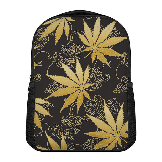 Gold Cannabis Leaf Pattern Print Casual Backpack