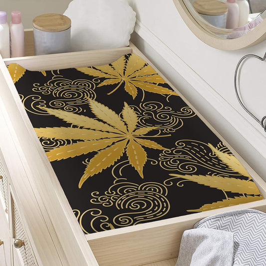Gold Cannabis Leaf Pattern Print Changing Pad Cover