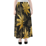 Gold Cannabis Leaf Pattern Print Chiffon Maxi Skirt