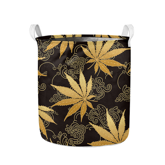 Gold Cannabis Leaf Pattern Print Collapsible Laundry Basket