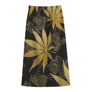 Gold Cannabis Leaf Pattern Print Cotton Front Slit Maxi Skirt