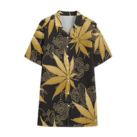 Gold Cannabis Leaf Pattern Print Cotton Hawaiian Shirt