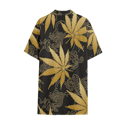 Gold Cannabis Leaf Pattern Print Cotton Hawaiian Shirt
