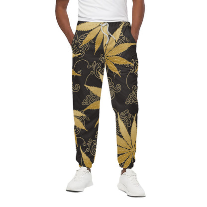 Gold Cannabis Leaf Pattern Print Cotton Pants