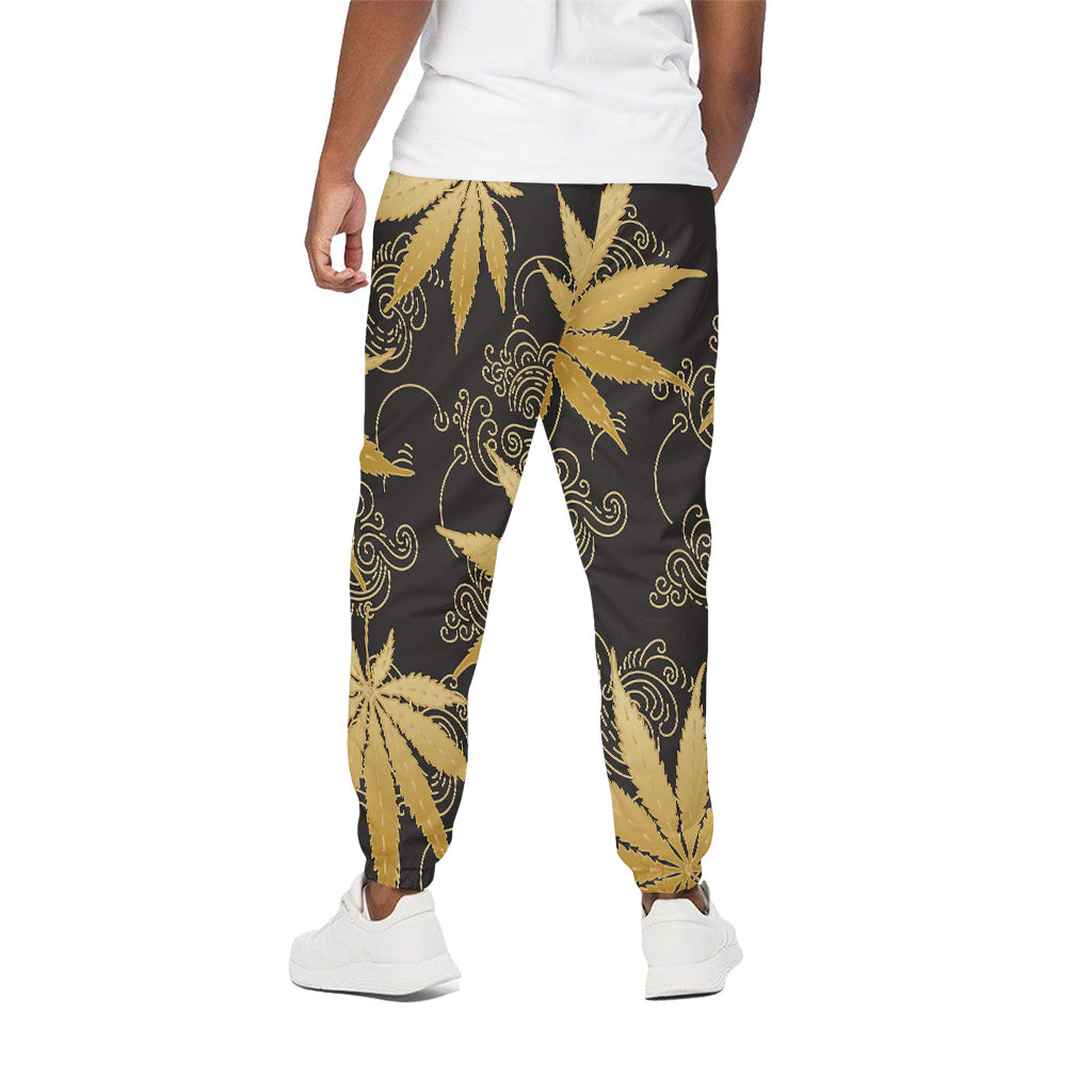 Gold Cannabis Leaf Pattern Print Cotton Pants