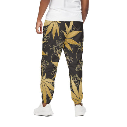 Gold Cannabis Leaf Pattern Print Cotton Pants