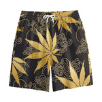 Gold Cannabis Leaf Pattern Print Cotton Shorts