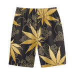 Gold Cannabis Leaf Pattern Print Cotton Shorts
