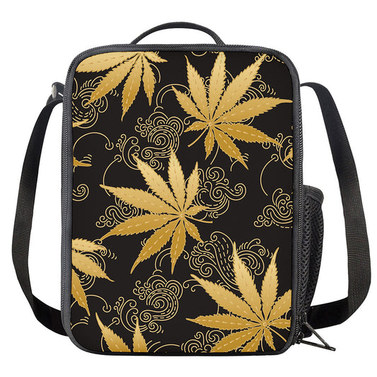 Gold Cannabis Leaf Pattern Print Crossbody Lunch Bag