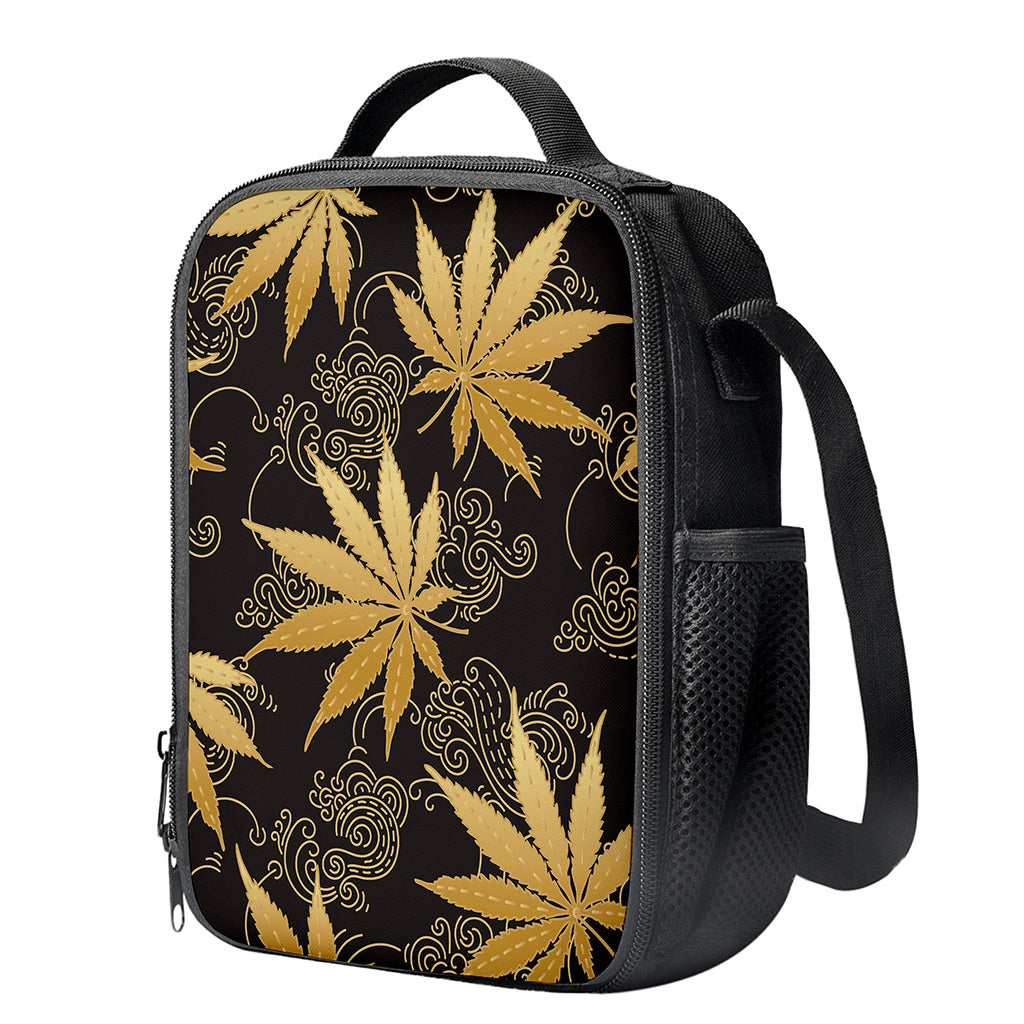Gold Cannabis Leaf Pattern Print Crossbody Lunch Bag