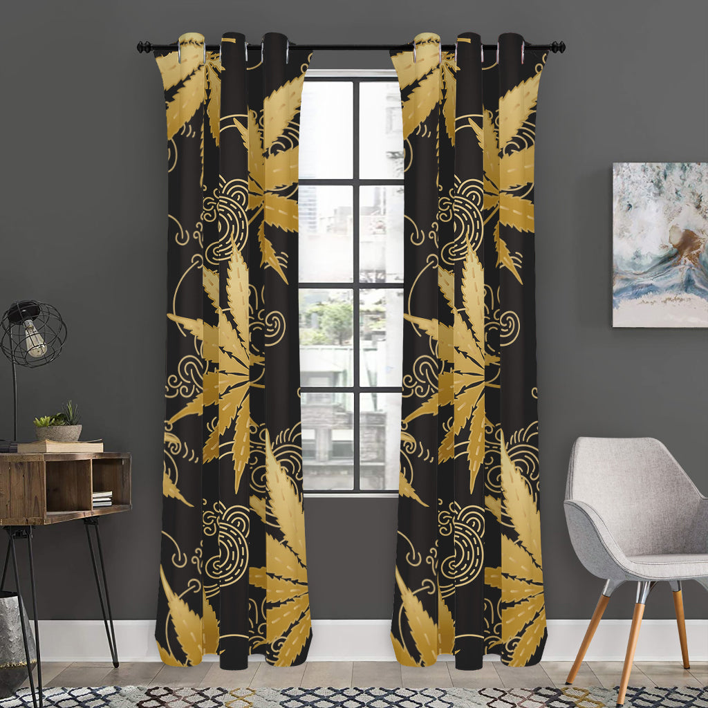 Gold Cannabis Leaf Pattern Print Curtain