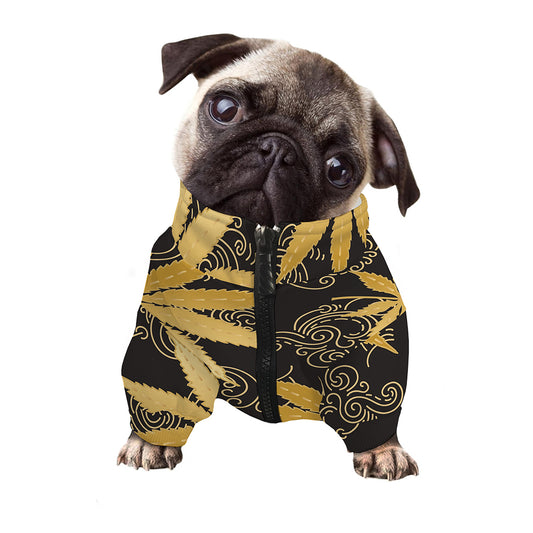 Gold Cannabis Leaf Pattern Print Dog Zip Up Jacket