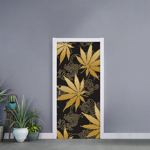 Gold Cannabis Leaf Pattern Print Door Sticker