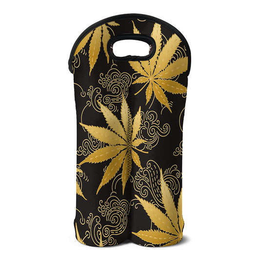 Gold Cannabis Leaf Pattern Print Double Neoprene Wine Tote