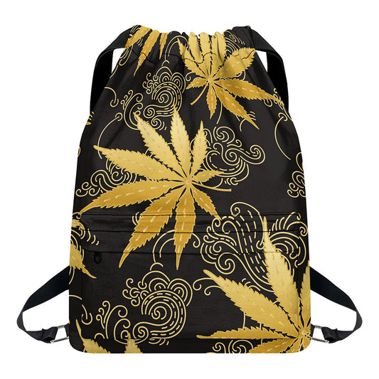 Gold Cannabis Leaf Pattern Print Drawstring Backpack