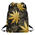 Gold Cannabis Leaf Pattern Print Drawstring Backpack