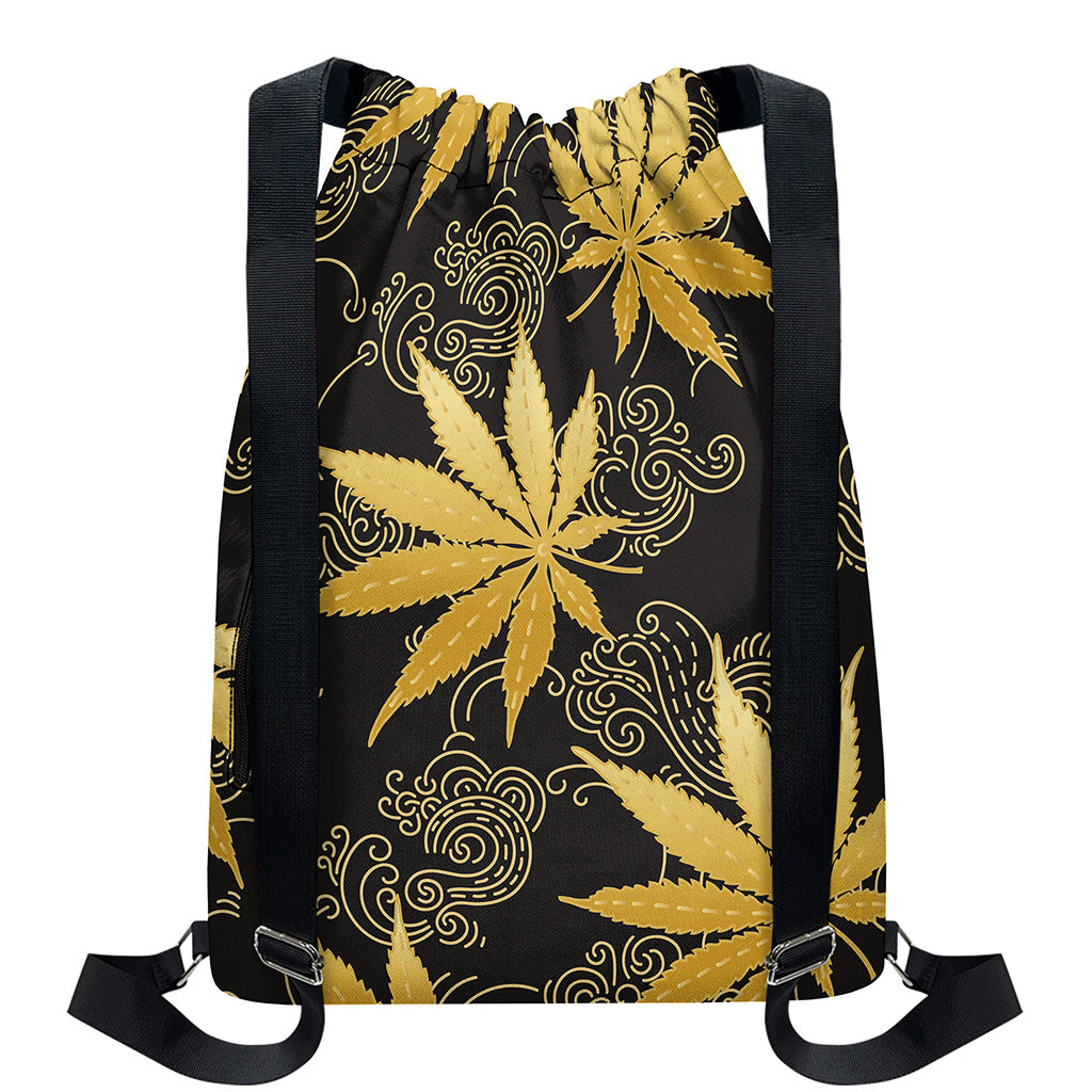 Gold Cannabis Leaf Pattern Print Drawstring Backpack