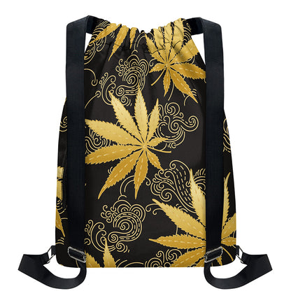 Gold Cannabis Leaf Pattern Print Drawstring Backpack