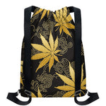 Gold Cannabis Leaf Pattern Print Drawstring Backpack