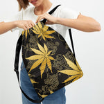 Gold Cannabis Leaf Pattern Print Drawstring Backpack