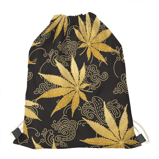 Gold Cannabis Leaf Pattern Print Drawstring Bag