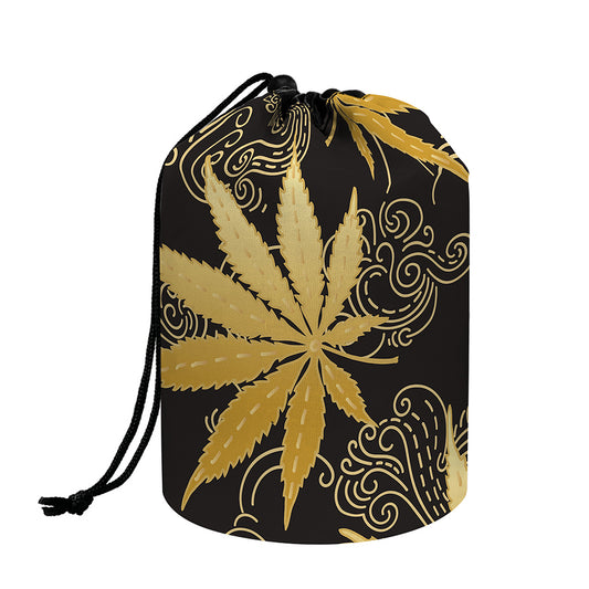Gold Cannabis Leaf Pattern Print Drawstring Makeup Bag