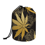 Gold Cannabis Leaf Pattern Print Drawstring Makeup Bag