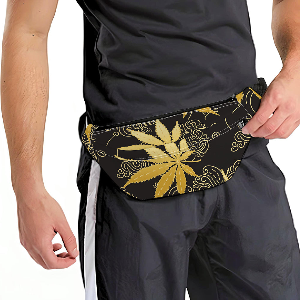 Gold Cannabis Leaf Pattern Print Fanny Pack