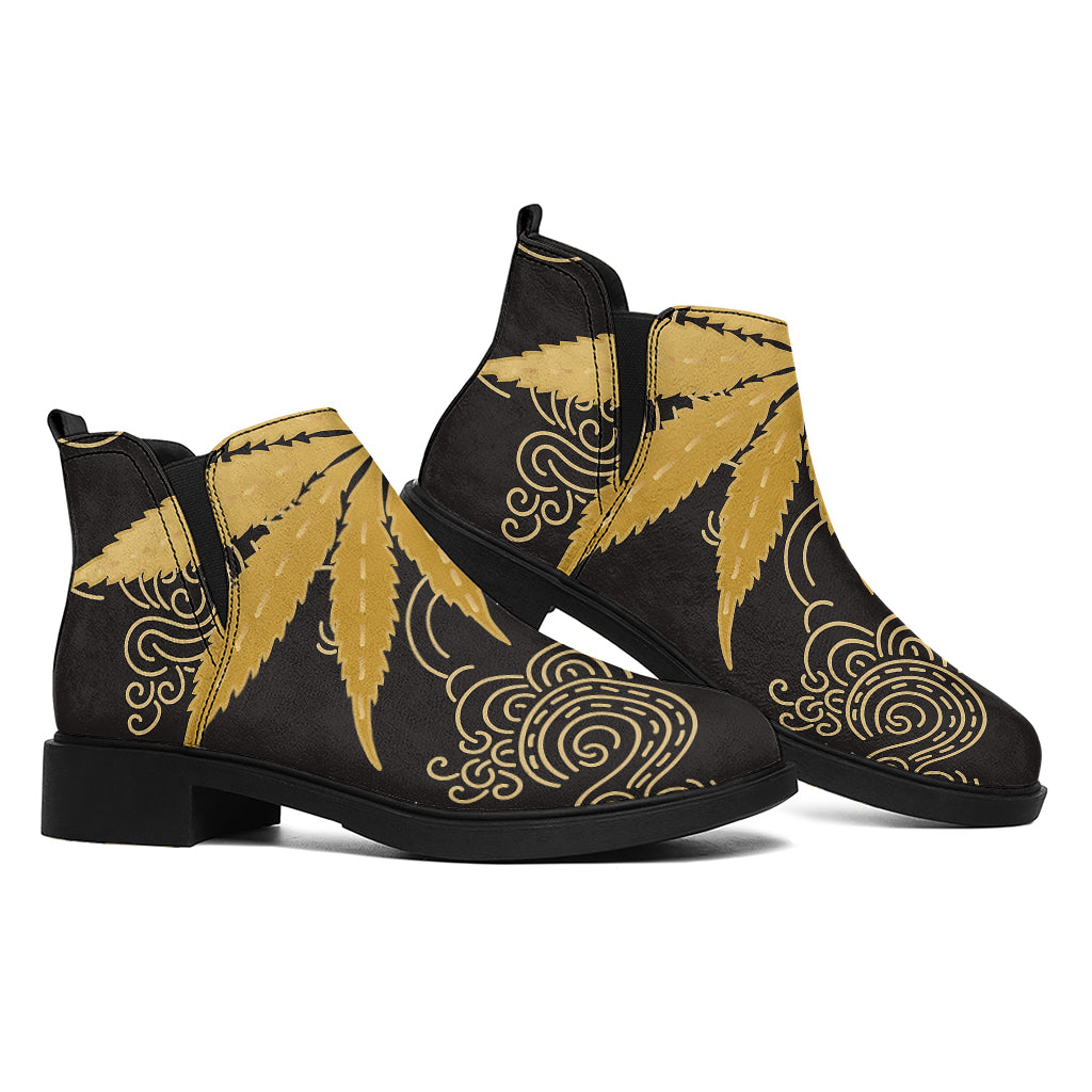 Gold Cannabis Leaf Pattern Print Flat Ankle Boots