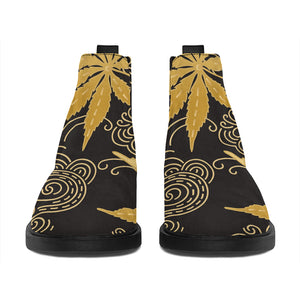 Gold Cannabis Leaf Pattern Print Flat Ankle Boots