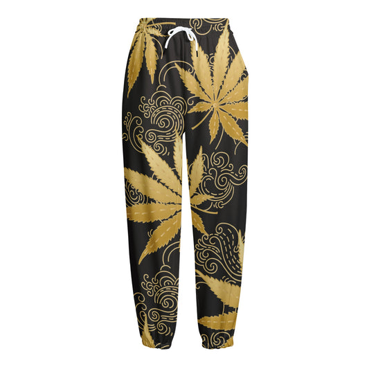 Gold Cannabis Leaf Pattern Print Fleece Lined Knit Pants